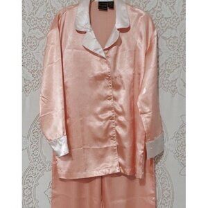 Pajama Set Satin Peachy Pink & White Signature By Adrienne Loungewear Small Luxe